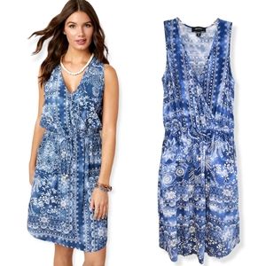 Karen Kane Blue Tie Waist Crossover Boho Printed Summer Dress Women's XS
